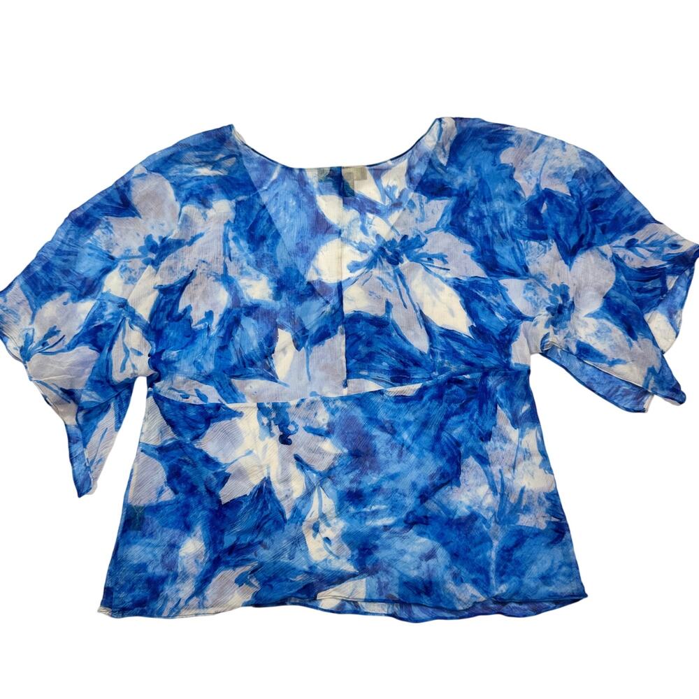 Lauren Ralph Lauren Silk Blue Floral Blouse Women's 10P Petite Coastal Cruise - Picture 7 of 16